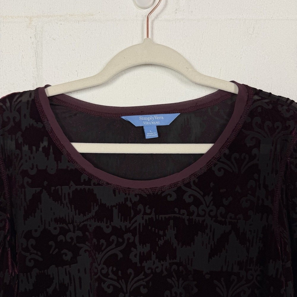 Simply Vera Wang Velvet Burnout Top SZ L Wine Color Sheer Whimsigoth Dark Fairy - Picture 2 of 14